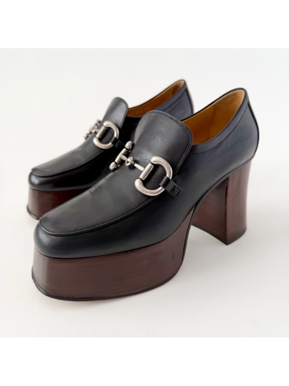 GUCCI | Black Leather Horsebit Platform Loafers Block Heel EU 37.5